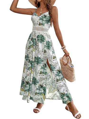 Image of Women's Hawaiian Maxi Dresses Summer Sun Floral Sleeveless Beach Vacation | V-Neck, Spaghetti Straps, Flowy, Boho, Resort