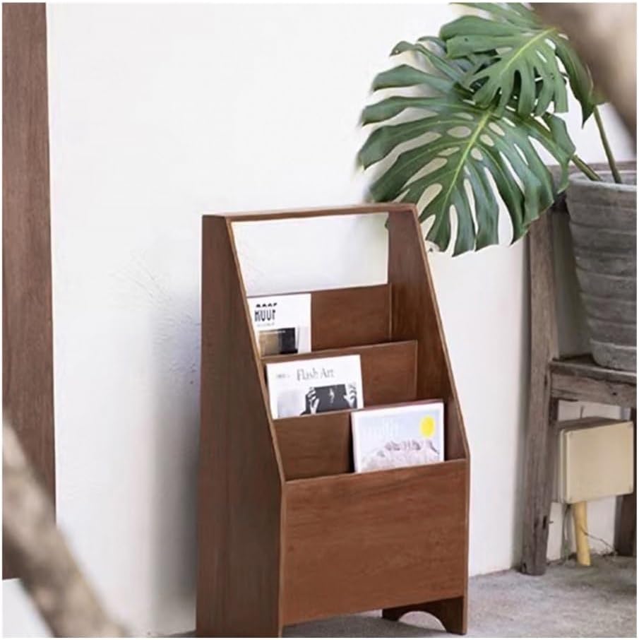 Magazine Rack, Solid Wood Magazine Rack Vintage Coffee Shop Small Bookcase Storage Shelf Against Wall Brochure Display Stand