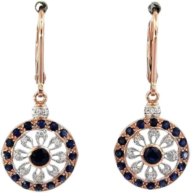 SANTOSH-ENTERPRISES - 1.00Ct Round Cut Blue Sapphire Lab Created Black Diamond Prong Set Lever Back Woman's Drop Dangle Earring 14K Yellow Gold Finish