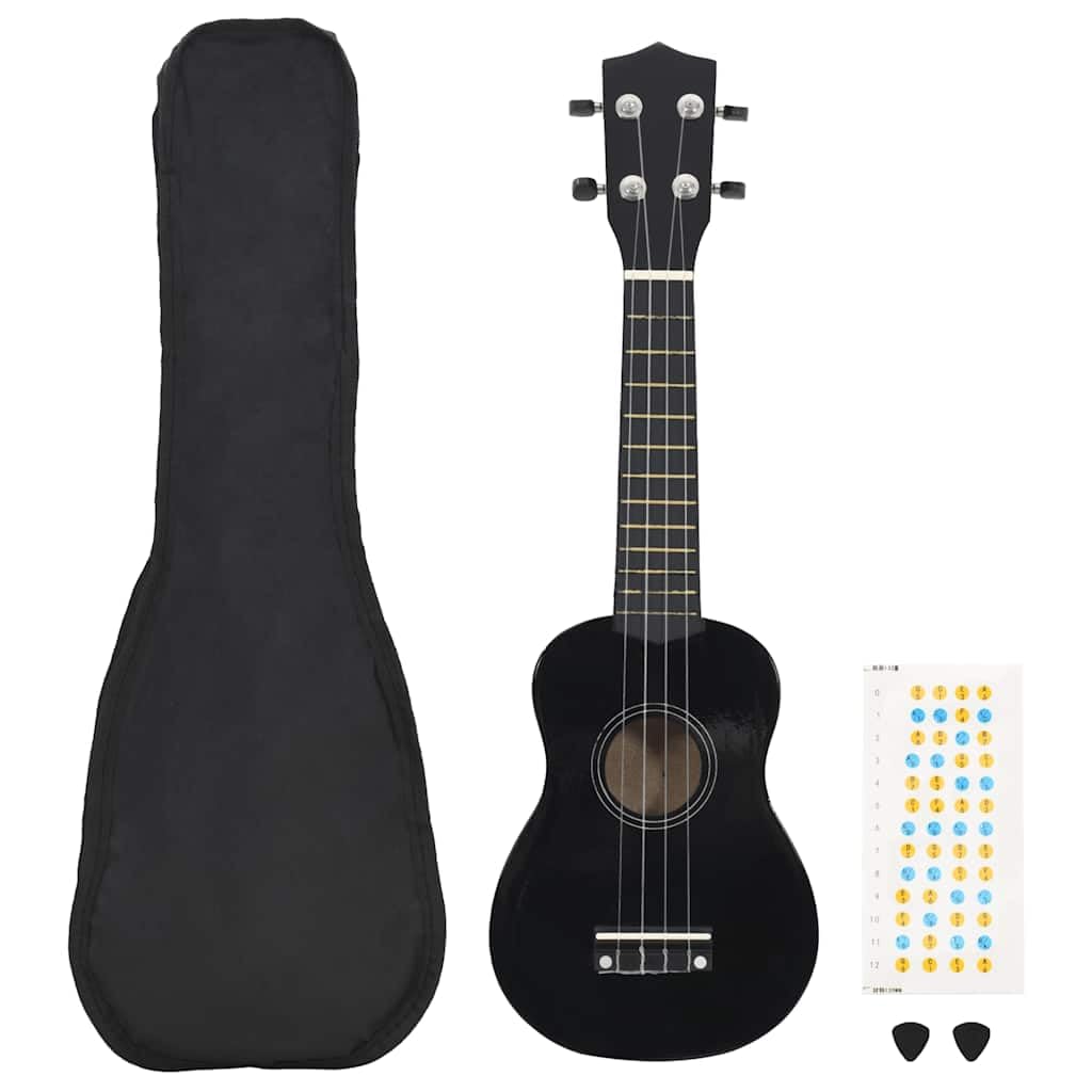 Ukulele soprano con custodia, per bambini, 58 cm, nero, in legno di tiglio, per principianti ed esperti, ideale per gli amanti della musica, bambini e adulti, con plettro, custodia e libro di