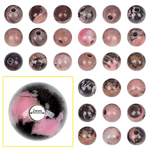 8mm Natural Crystal Beads Stone Gemstone Round Energy Healing Loose Beads with Stretch Cord for Jewelry Making Bracelets Anklets Big Hole(2.0mm) 45pcs (8mm, Pink Black Rhodonite)