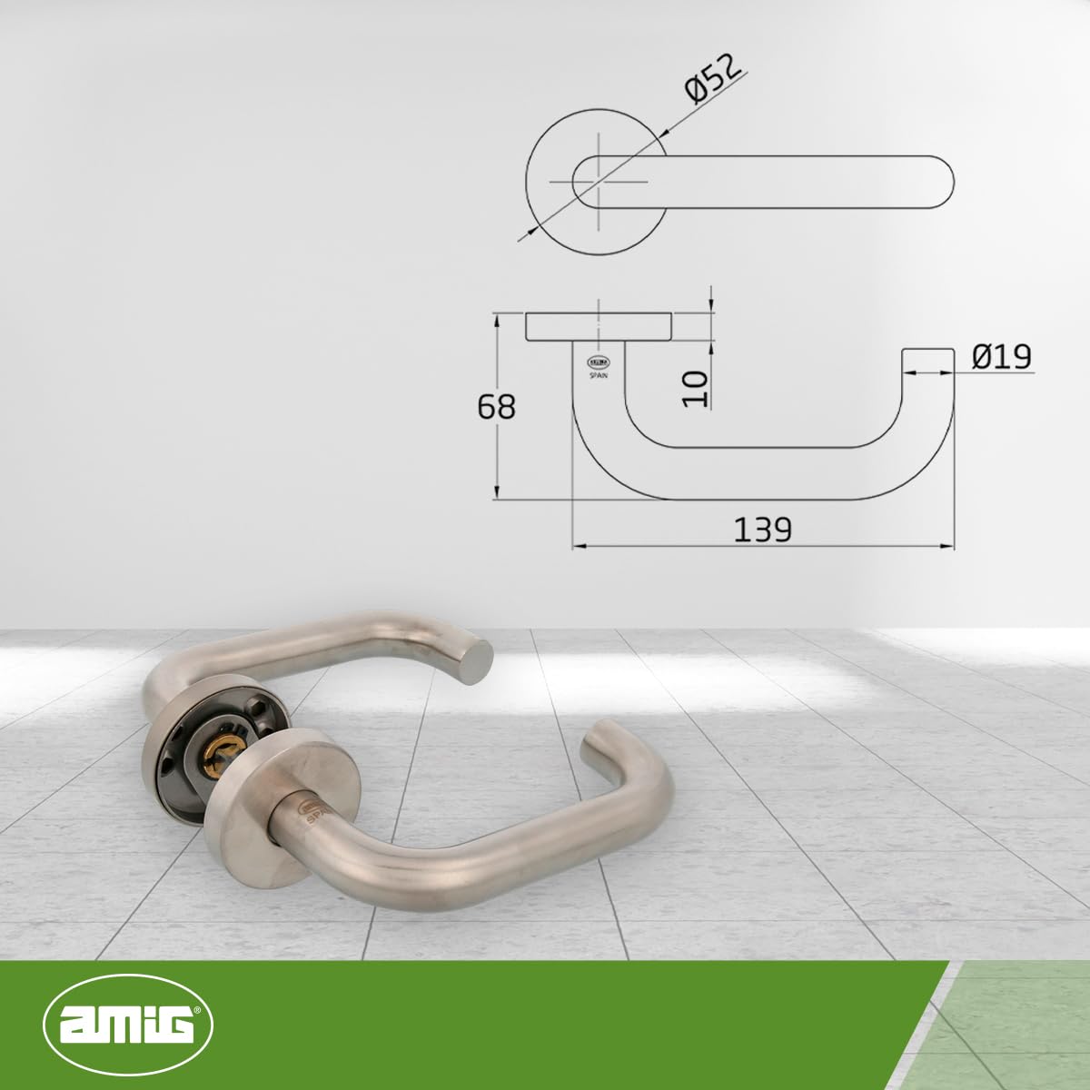 Amig - Stainless Steel Door Handle Set 18/10 (AISI 316) - Inner Rosette - Model 3RX - Size: 52 mm ø - Matt - Image 3