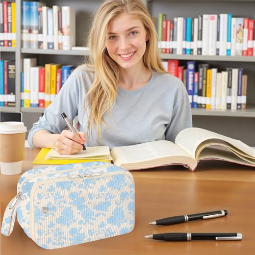 Image of WOBAGMEN Cute Pencil Case,Large Corduroy Zippered Pencil Case Pouch, aesthetic Pencil Bag with Compartments, Pencil Pouch School Supplies (Blue Floral)