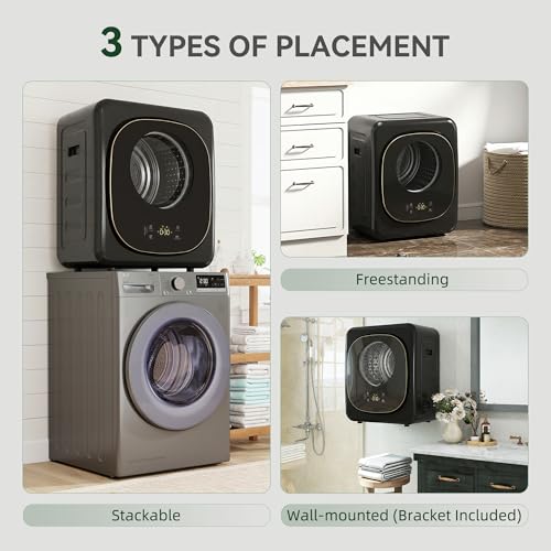 HOMCOM 4kg Vented Tumble Dryer, 800W Compact Freestanding Front Tumble Dryer with 5 Drying Mode, Smart Sensor, Timer and Stainless Steel Tub, Wall-Mounted Portable Small Clothes Drying Machine, Black - Image 8