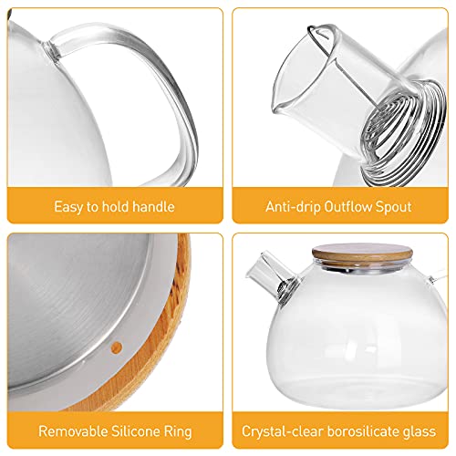 Tetera de Cristal, Tetera de Vidrio 1600ml con Base - Infusor Extraíble de Acero Inoxidable - 2 Tapas - Tetera de… - Imagen 5