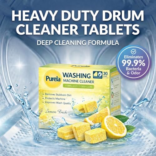 Image of Purela Washing Machine Cleaner Tablets - 90 Effervescent Tablets for Front & Top Load Washing Machines - Helps Reduce Odor, Residue & Scale Buildup(Lemon)