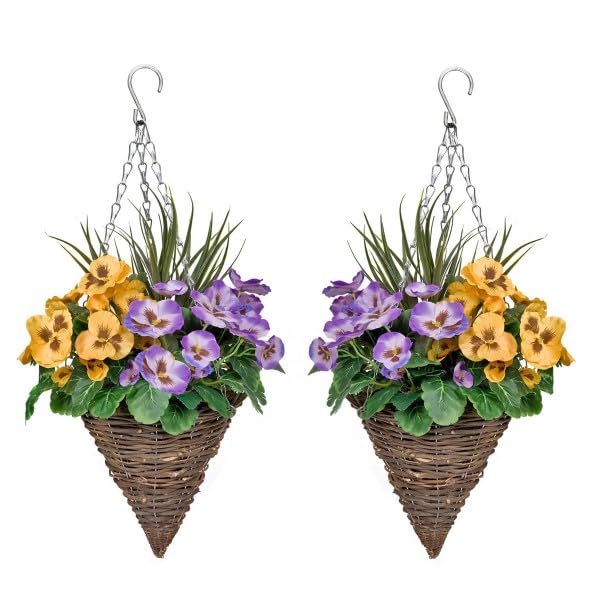 Panier suspendu cône fleurs violettes jaunes fausse plante suspendue extérieure