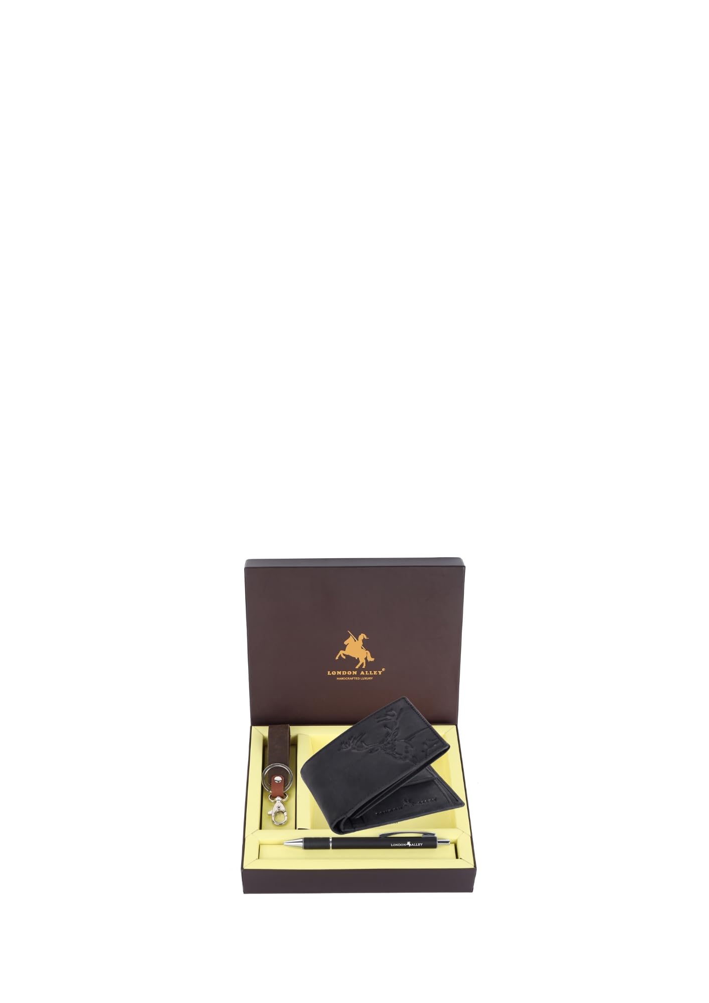 LONDON ALLEY Jason Vintage Black Leather Wallet, Keyring & Pen Combo Gift Set for Men | Gift Hamper for Men