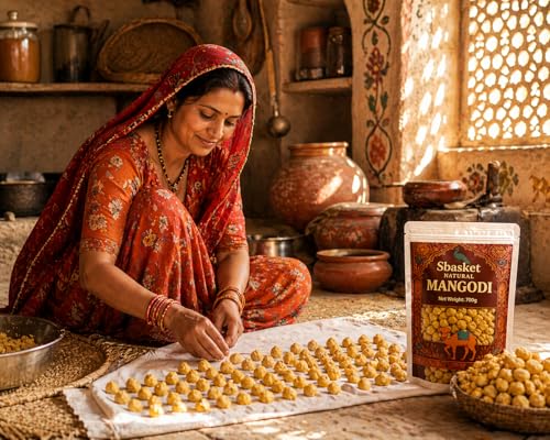 Image of SBasket Naturals Rajasthani Mangodi /Moong Badi 700g | Sun-Dried Moong Dal Wadi | Handmade by Mahila Udyog Women | Protein Rich & Gluten Free | No Preservatives | For Kadhi, Sabzi & Pulao