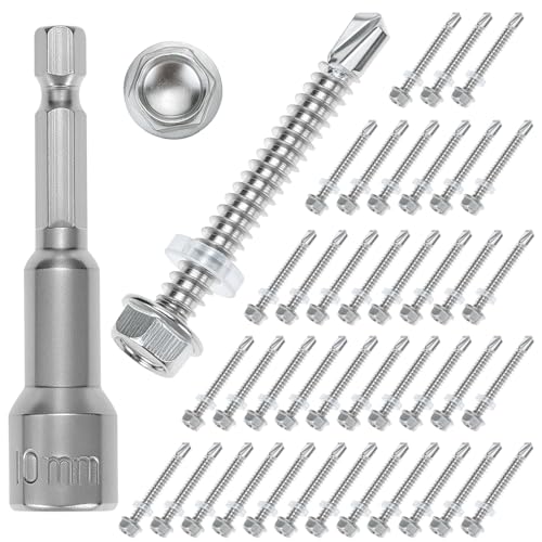 QWORK® Paquete de 40 tornillos autotaladrantes de 410 acero inoxidable de M6.3X50MM con 1 casquillo hexagonal