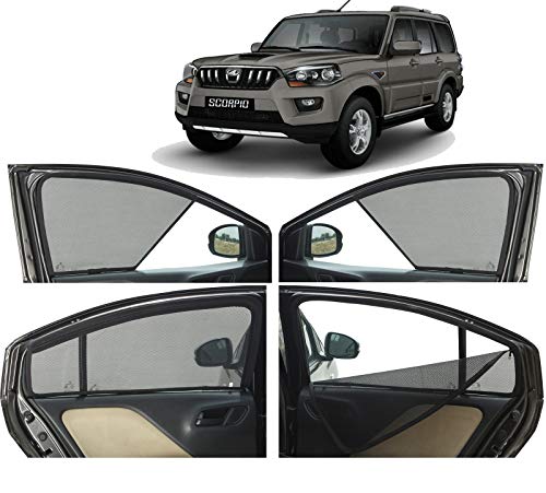Image of Autofact Magnetic Car Sunshades Compatible with Mahindra Scorpio (2014 to 2022) (Set of 4) - Easy Installation, UV Protection (Front 2 Half-Cut for Side Mirror Visibility, Rear 2 with Zippers)
