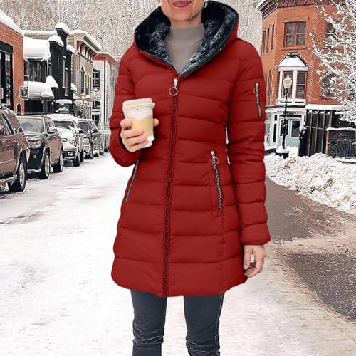 AACH Steppjacke Damen Dickere Daunenjacke Winter Langarm Kapuzenjacke Fleece Gefütterte Winterjacke Slim Fit Einfarbig Wintermantel Full Zip Modische Pufferjacke mit Taschen Outdoorjacke