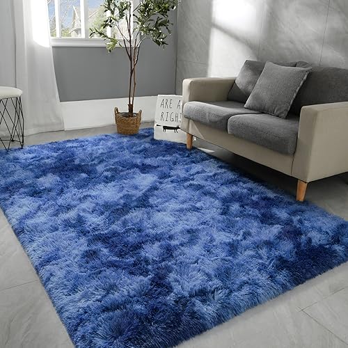 Image of Hutha 6x9 Large Area Rugs for Living Room, Super Soft Fluffy Modern Bedroom Rug, Tie-Dyed Navy Blue Indoor Shag Fuzzy Carpets for Girls Kids Nursery Room Home Decor