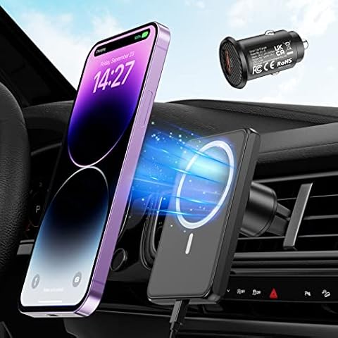 JoyGeek Magnetic Wireless Mobile Phone Holder Car with Charging Function, 360° Rotatable Mag Safe Car Holder with 18W QC3.0 Car Charger, Wireless Charger Car for iPhone 14/13/12 Series, No Assembly Cover