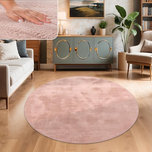 Paco Home Teppich Wohnzimmer Kunstfell weich waschbar modern elegant pflegeleicht Felloptik Uni Seidenglanz flauschig Kurzflor, Grösse:160 cm Rund, Farbe:Pink