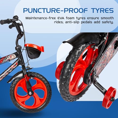 Image of Amazon Brand - Jam & Honey Kids 14T Bicycle | Sturdy Steel Frame | EVA Tyres | Adjustable Seat & Handlebar | Training Wheels | Front Basket | Red