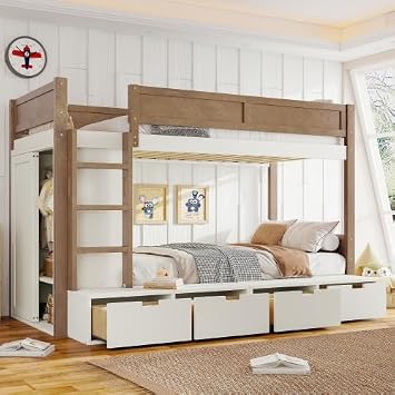 Twin Size Bunk Bed, Twin XL over Full Bunk Bed with 4 Storage Drawers, Built-in Wardrobe -length Guardrails, Solid Wood Frame, Space-Saving Design, No Box Spring Needed Beige & Natural,7