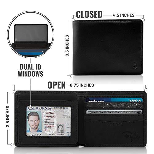 2 ID Window RFID Wallet for Men, Bifold Top Flip, Extra Capacity Travel Wallet (Charcoal Black - Distressed Leather, Medium)