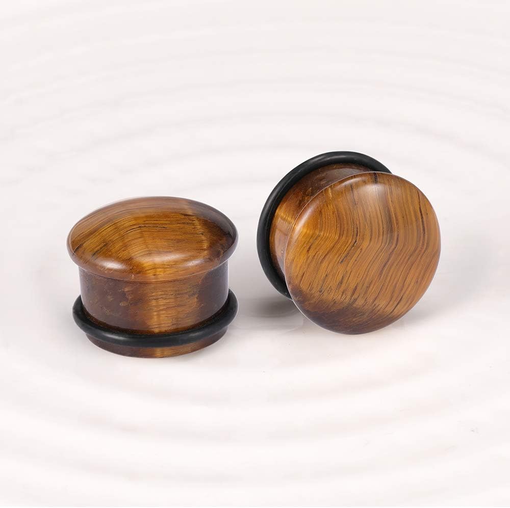 ZS Tiger Eye Natural Stone Brown Ear Plugs Single Flare Ear Gauges Expander with O-Ring Body Piercing