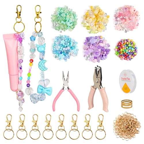 Starry 422 Pcs Lip Gloss Keychain Making Kit DIY Lip Balm Beaded Keychain Kit 10 Clips 5 Color Acrylic Beads Hole Puncher Jump Ring Elastic Rope for DIY Crafts Supplies Decor