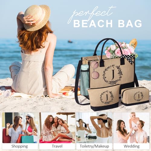 Image of Personalized Birthday Gifts for Women, Monogrammed Initial Jute Tote Bags | Beach Tote Bag & Makeup Bags w / Zipper, Christmas Women Gifts for Mom Her Friends Sister Coworker Nurse Teacher Appreciation