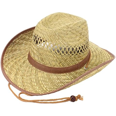 Straw Cowboy Hat with Brown Band & Trim (57cm) Cover