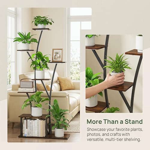 Image of Quikraen 7 Tier Tall Plant Stand with Grow Light For Indoor Plants Growing 60in Indoor Flower Stand Tree-Shaped Plant Shelves for Living Room Patio Black
