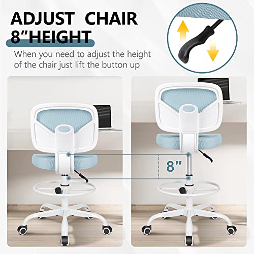 Image of Primy Tall Drafting Desk Chair - Armless, Adjustable Height, Mesh Back, Rolling, Standing Desk Chair for Art Room, Office or Home (Light Blue)
