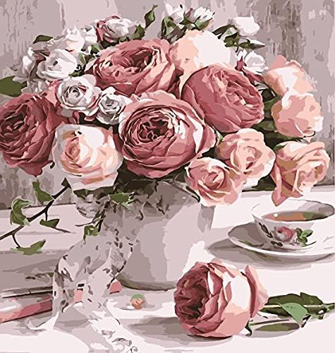 WHATWEARS Oil Paint by Numbers for Adults and Kids Professional Rose Oil Painting Kits on Canvas for Drawing Paintwork Lover ,40 x 50 cm/15.7 x 19.6 inch Without Frame(Flowers in Vase)