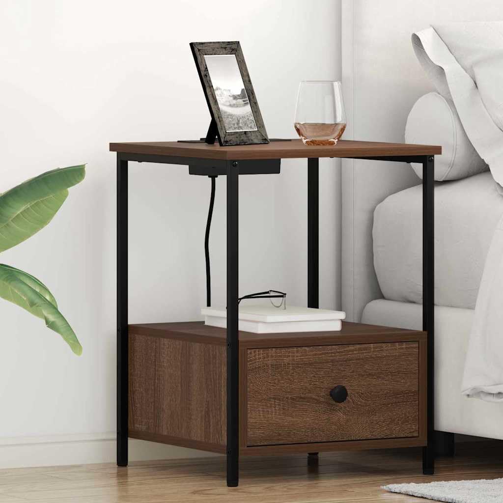 Table de chevet marron bois résolvant le manque de prises et de rangement