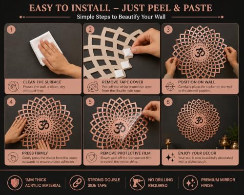 Image of Mandala Om 3D Acrylic Mirror Wall Sticker | Rose Gold Decorative Om Wall Art for Living Room, Hall, Bedroom, Kids Room, Home & Office | Self-Adhesive Spiritual Mirror Wall Decor