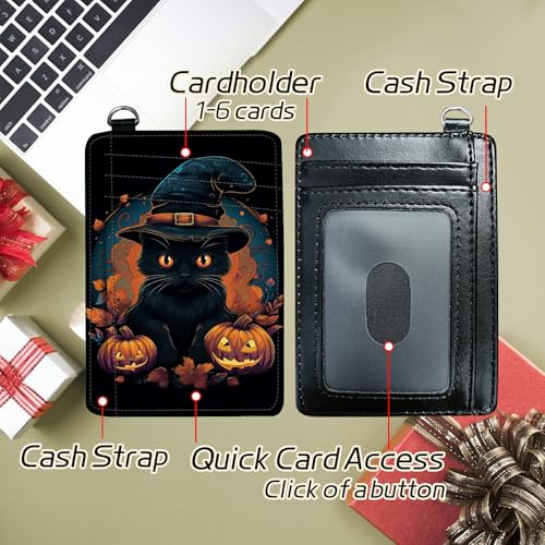 Image of Small Travel Wallets, Black Cat Halloween Slim Minimalist Front Pocket Wallet with Wristlet, RFID Blocking PU Leather Credit Card Holder with ID Window Change Purse for Men Women