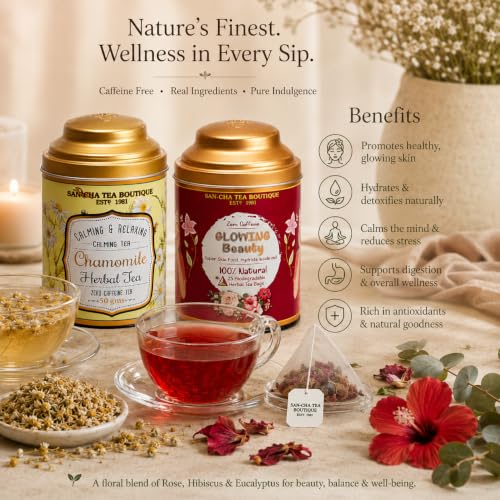 Image of Sancha Tea Boutique, Tea Combo Pack, Chamomile Flower (50g) & Glowing Beauty Teas (25 Pyramid Bags), Skin Glow & Calming Herbal Tisanes, Caffeine Free Teas