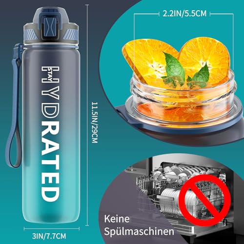 QLUR Trinkflasche, 1L BPA-Frei Tritan Wasserflasche mit Strohhalm, Trinkflasche Sport Auslaufsicher mit Zeitmarkierung und Bürste, Sportflasche für Fitness, Schule, Yoga, Outdoor(1 Flasche)