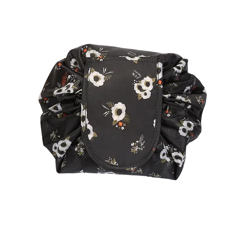 Maharsh Women's Convenient and Waterproof Multifunction Portable Lazy Travel Cosmetic Storage Makeup Organizer Toiletry Bag with Drawstrings (Black Floral)