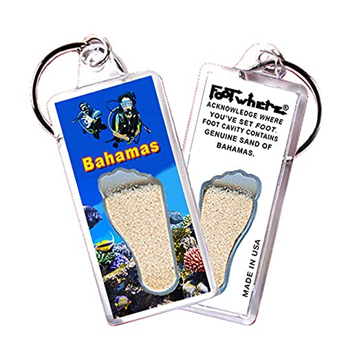 FootWhere Bahamas Souvenir Keychain. (BH104 - Divers) Authentic destination souvenir acknowledging where you've set foot. Genuine sand of Bahamas encased inside foot cavity. Made in USA