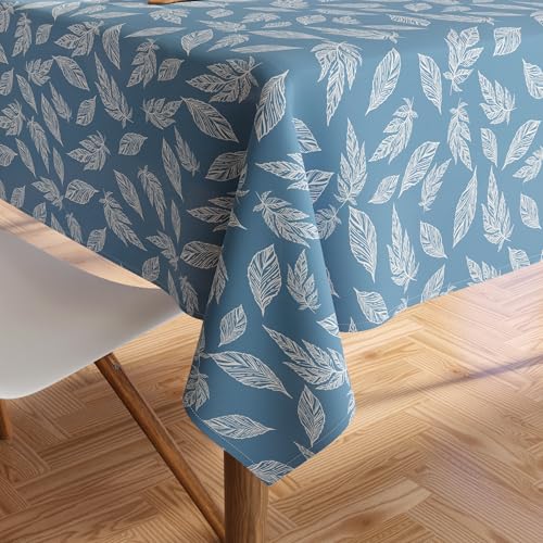 Encasa 100% Cotton Printed Tablecloth of Length 56 x 72 inch for 4 to 6 Seater Rectangular Dining Table of Length 59 Inch Machine Washable- Big Leaves Blue