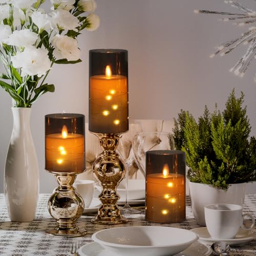 Image of Wondise Flameless Flickering Candles with Embedded Star String Lights, Battery Operated with Moving Wick Acrylic LED Candles with Remote for Home, Wedding, Halloween, Christmas Decor