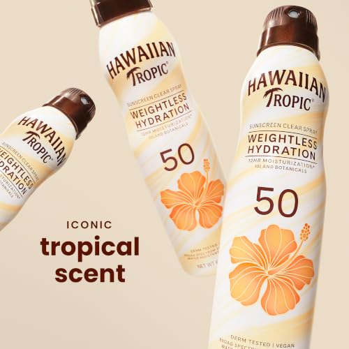 Image of Hawaiian Tropic Weightless Hydration SPF 50 Sunscreen Spray, 6 Oz | Clear body sunscreen, Lightweight texture, Water resistant sunblock, Continuous spray application, 12 hour hydration