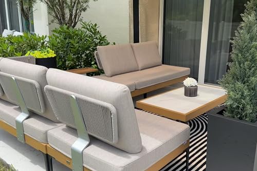 Image of PURPLE LEAF Patio Furniture Set Outdoor Sectional Sofa with Coffee Table Cushions and Pillows Wicker L-Shaped 5 Pieces Aluminum Convertible Daybed for Balcony Yard Garden Poolside, Oatmeal Greige