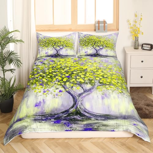 meiyoeat Nature Landscape Comforter Cover Set Yellow Tree Bedding Set Boys Girls Retro Tree of Life Duvet Cover Set Abstract Art Quilt Cover with 1 Pillowcase 2Pcs Bedding Toddler,No Comforter