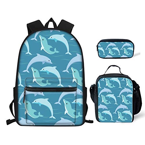 Set di 3 zaini per la scuola softball per ragazzi e ragazze con borsa per il pranzo e astuccio Delfini Taglia unica Zaini Daypack