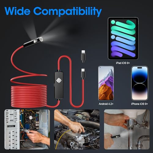 Image of Endoscope with Light, 1920P HD Borescope with 8 Adjustable LED Lights, Semi-Rigid Snake Camera, IP67 Waterproof Inspection Tool for iPhone & Android - 32.8FT-Dual Lens (Yellow)