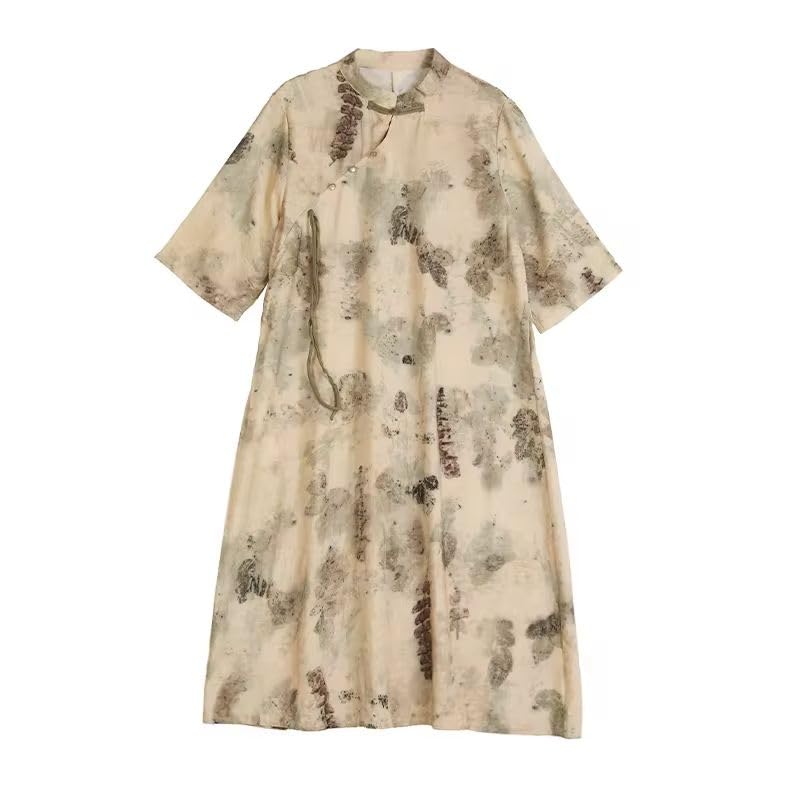 Robe longue d'été style chinois en lin premium et coton fluide