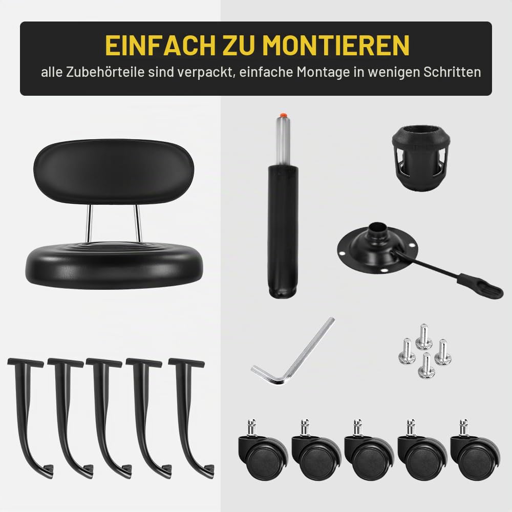 WKWKER Rollhocker mit Rädern Drehhocker mit höhenverstellbarer Rückenlehne PU-Leder-Rollhocker, ideal für SPA-Salon, Home-Office-Zeichenarbeiten (Schwarz)