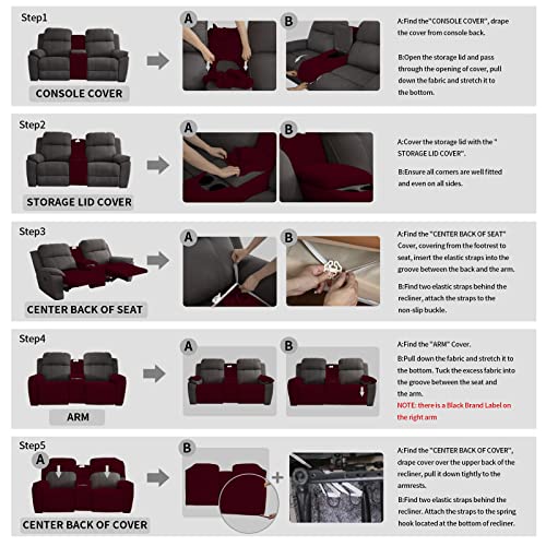 Image of Easy-Going Stretch Recliner Loveseat Cover with Center Console Sofa Slipcover Soft Fitted Fleece 2 Seats Couch with Holder and Storage Washable Furniture Protector Wine