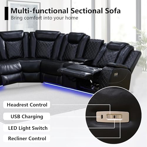Black Leather Power Reclining Sectional Sofa with LED, USB, and Storage for Home Theater