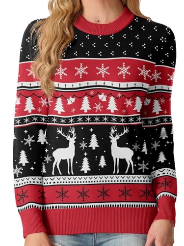QIXING Weihnachtspullover Damen Rundhals Langarm Strickpullover Damen...