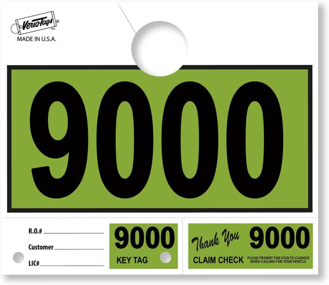 Versa-Tags 1000 Light Green Car Dealer Service Hang Tags Service Dispatch Numbers, Service Department Numbered Key Tags for Mechanic Repair Shop 3 Part Key Ring - Light Green (9000-9999)