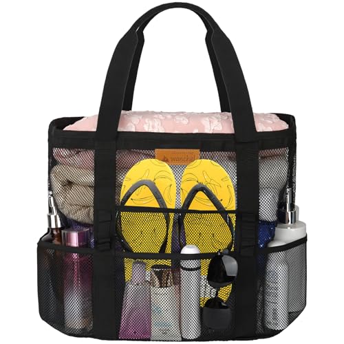 wanchel Bolsa de praia de malha personalizada para mulheres - Sacola à prova d'água com inicial inicial para viagens em família, brinquedos, itens essenciais de férias, Preto, Large, Preto-clássico